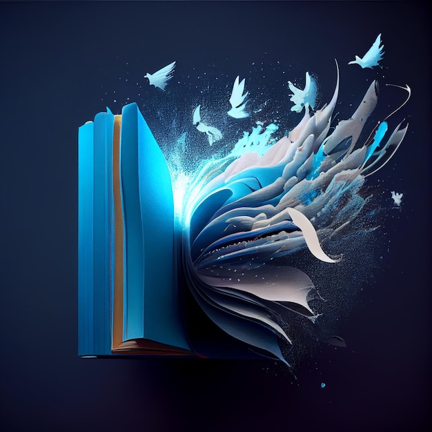 A blue open book with pages flying from itgenerative ai