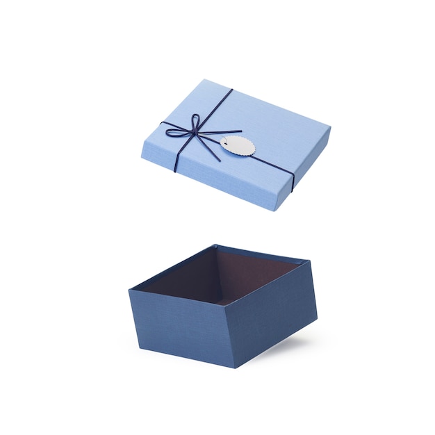 Blue open empty paper gift box lids floating isolated on white