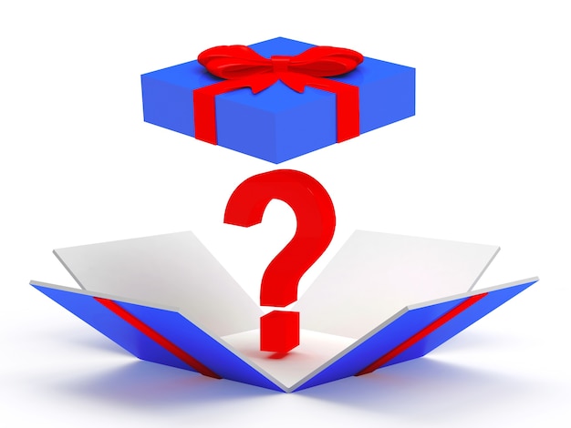 Blue open gift box with red question mark