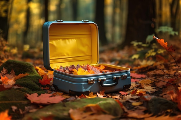 Синий открытый чемодан с осенними листьями внутри лежит на земле в лесу. Уловить суть осени. Создано с помощью технологии генеративного искусственного интеллекта.