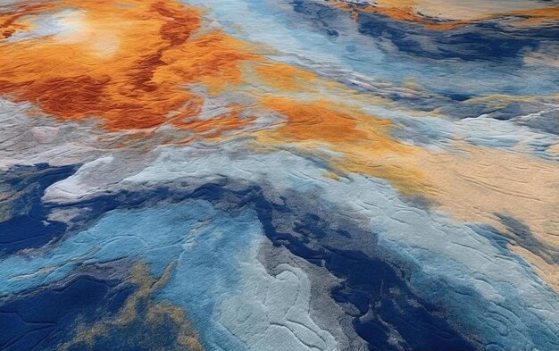 blue and orange abstract rug with rough surface