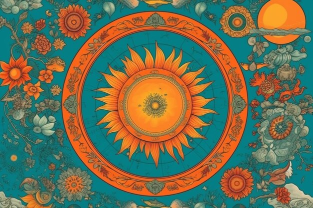 A blue and orange background with a sunflower design.