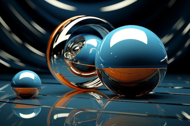 a blue and orange ball sitting on top of a shiny surface