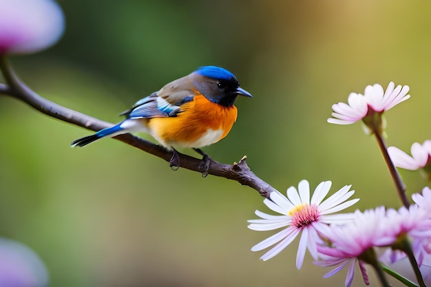 a blue and orange bird is perched on a branch with flowers.