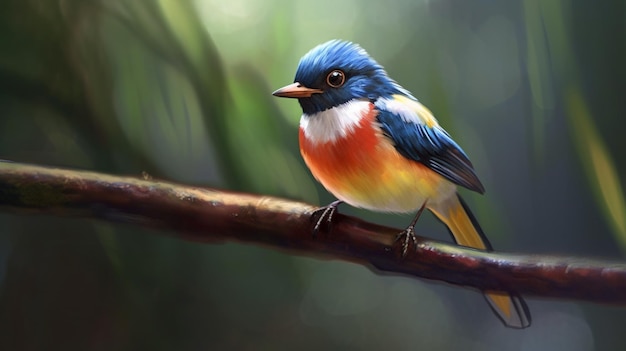 a blue and orange bird is perched on a branch