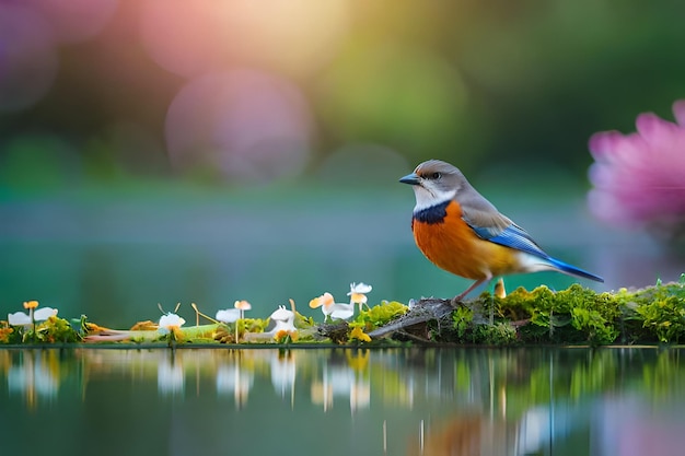 青とオレンジの鳥が花のついた枝に座っています。