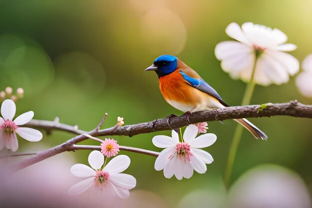 A blue and orange bird is sitting on a branch with flowers