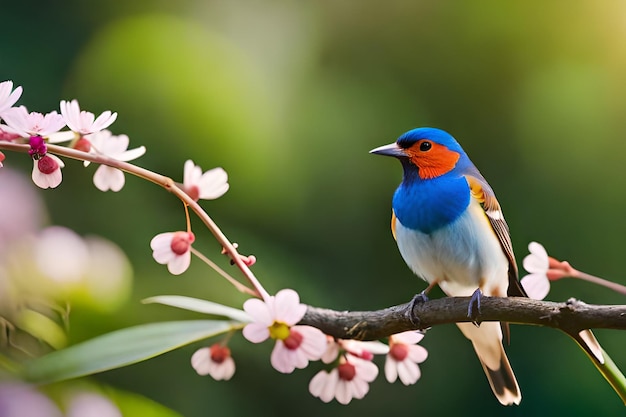 A blue and orange bird is sitting on a branch with pink flowers