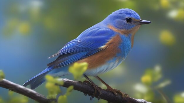 青とオレンジの鳥が枝の上に座っている