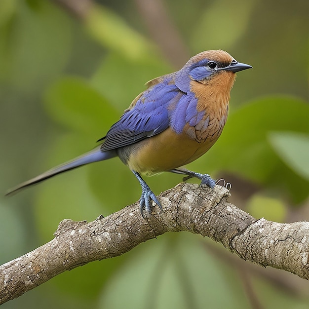 A blue and orange bird is sitting on a branch.