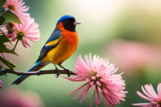 A blue and orange bird is sitting on a pink flower