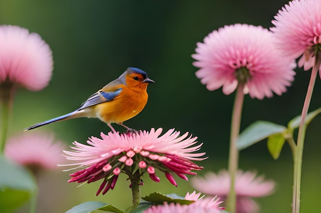 A blue and orange bird is sitting on a pink flower