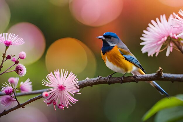 A blue and orange bird sits on a branch with a pink flower in the background