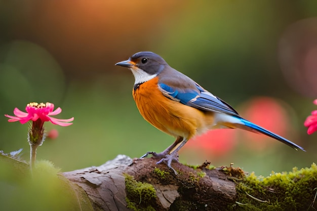 сине-оранжевая птица сидит на ветке с розовым цветком на заднем плане.