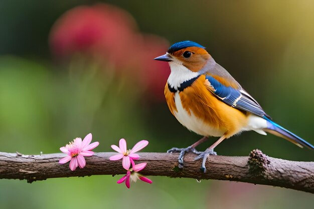 A blue and orange bird sits on a branch with pink flowers