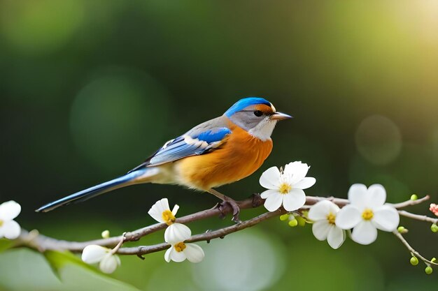 A blue and orange bird sits on a branch with white flowers