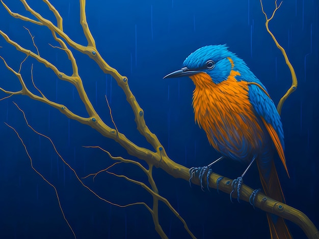 Blue Orange Bird Sitting on Branch Acrylic Painting Texture Generative AI