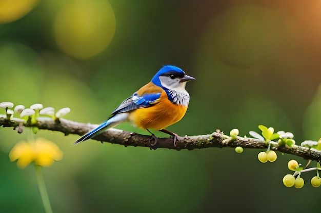 a blue and orange bird with a blue and yellow body sits on a branch with berries.