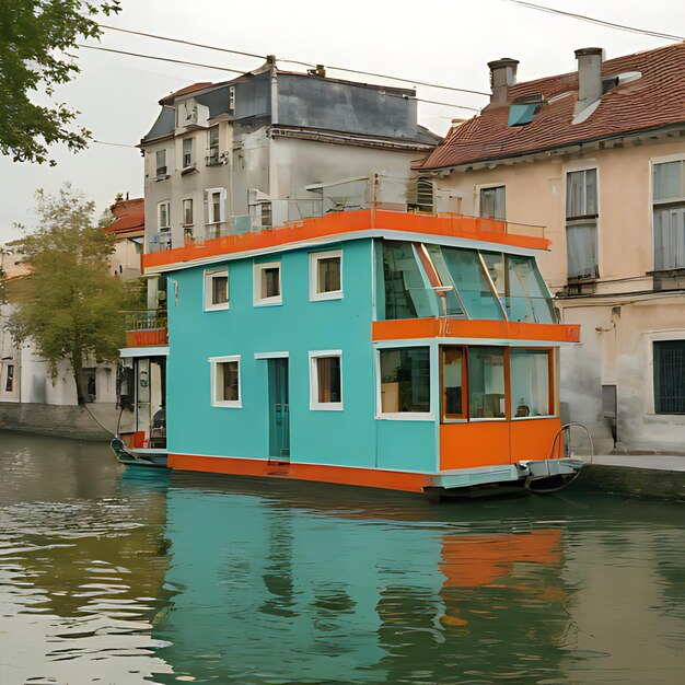 Photo a blue and orange boat is floating on the water