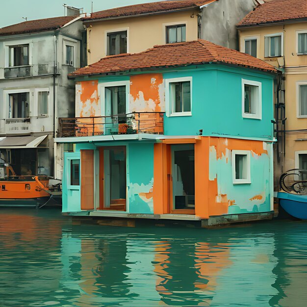 a blue and orange building with a boat in the water