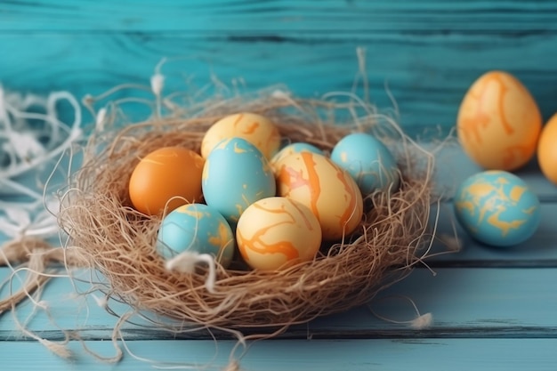 Blue and orange easter eggs in a nest