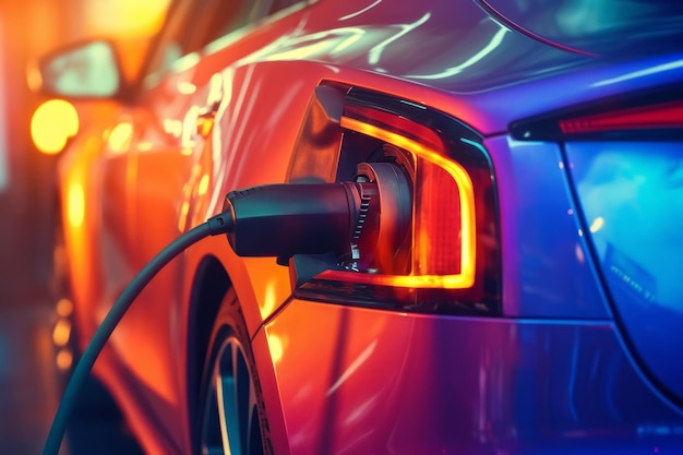 A blue and orange electric car is plugged into a charging cable.