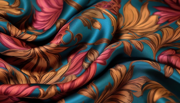 A blue and orange floral fabric with a gold leaf pattern.