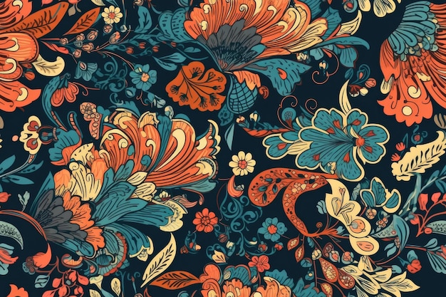 Blue and orange floral pattern on black background Generative AI