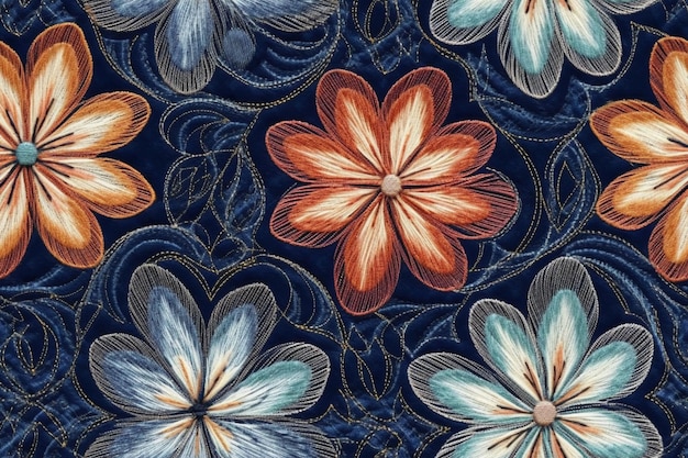 A blue and orange floral pattern with a blue background and a brown and orange flower