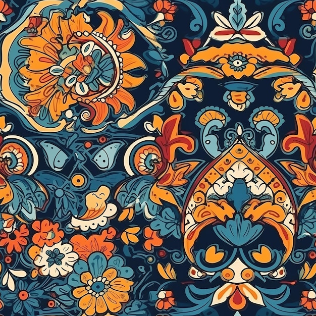 A blue and orange floral pattern with a flower.