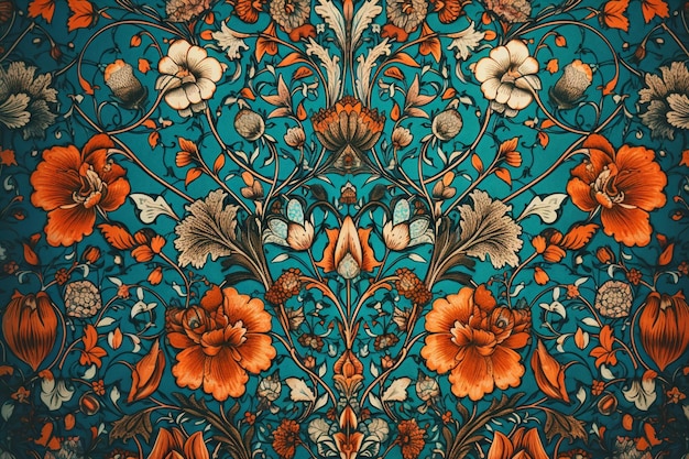 Photo a blue and orange floral pattern with flowers and leaves.