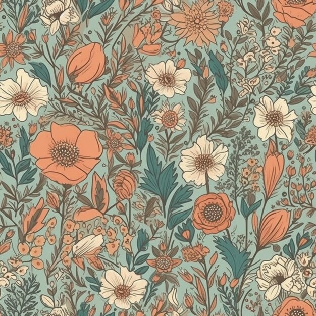 a blue and orange floral pattern with lots of flowers generative ai
