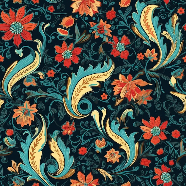 a blue and orange floral pattern with swirls and flowers generative ai