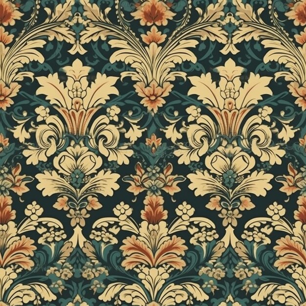 a blue and orange floral wallpaper with a pattern of leaves generative ai