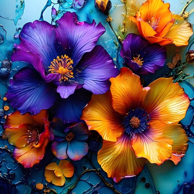 a blue and orange flower with the word spring on it