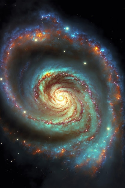 A blue and orange galaxy with a large spiral shape in the center