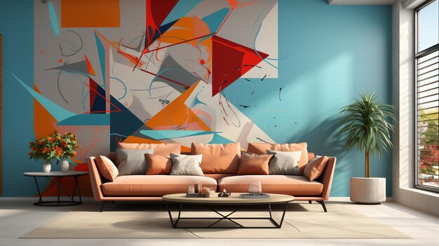 Blue and Orange Geometric Abstract Painting in Living Room