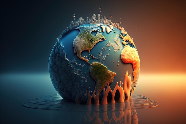 A blue and orange globe with water splashing around it generative AI