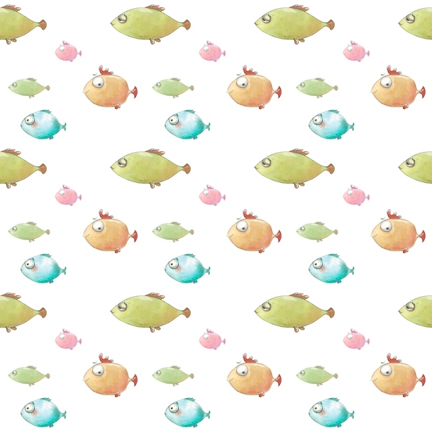 Blue, orange, green fish swim with funny emotions pattern