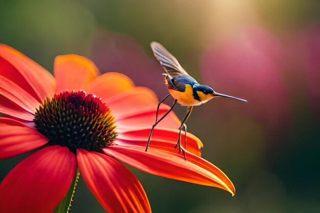 a blue and orange hummingbird is on a flower with the background of the blurred pink flowers.