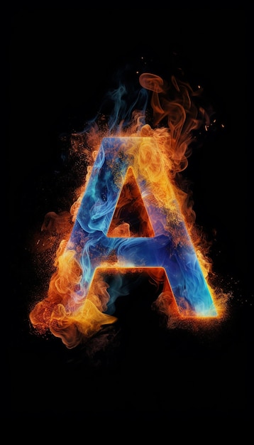 A blue and orange letter a with flames on a black background.