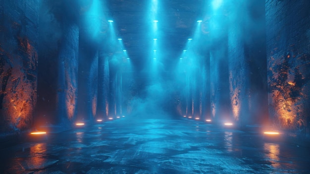 blue and orange lights in a dark underground tunnel