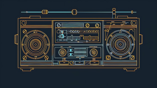 A blue and orange line drawing of a retro boombox