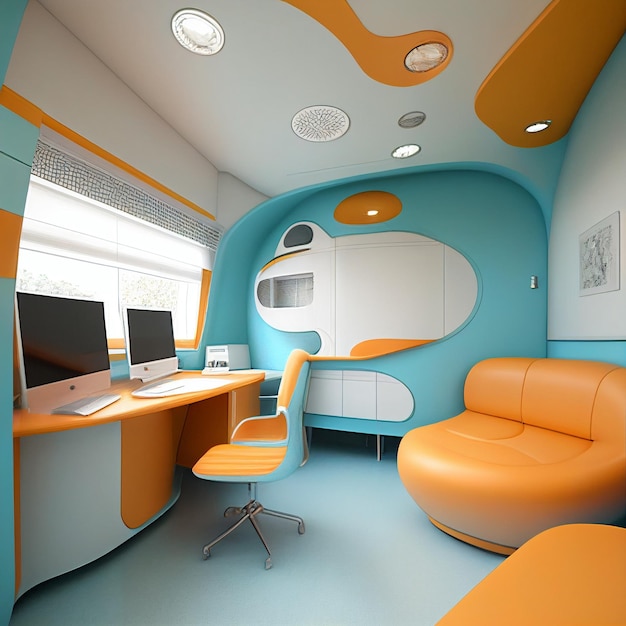 A blue and orange office with a computer and a desk.