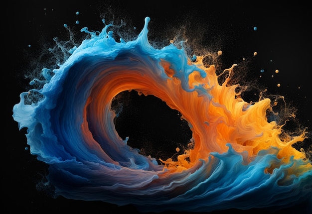 Blue and orange paint splashes on a black background Abstract background space for text