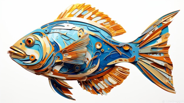 Photo blue and orange paperfish futurist mechanical precision by garth yap