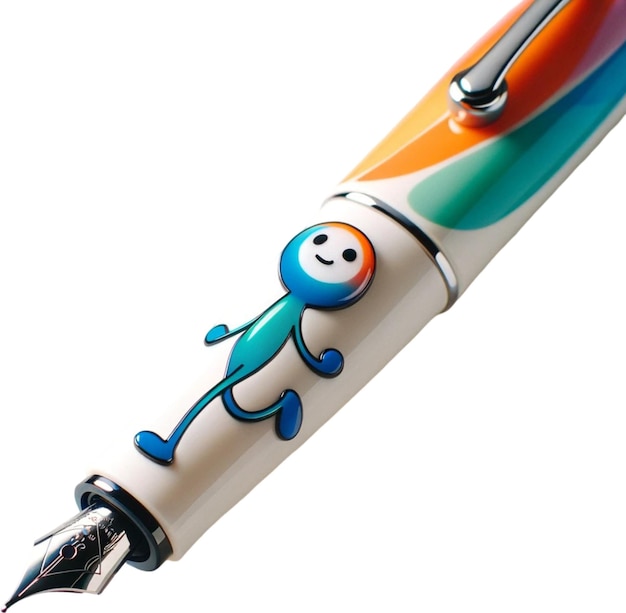a blue and orange pen with a blue cartoon character drawn on it