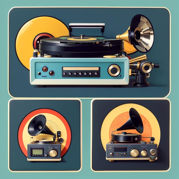 a blue and orange picture of a record player and a record player