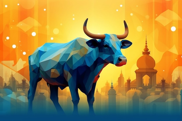 A blue and orange poster with a bull in front of a city.