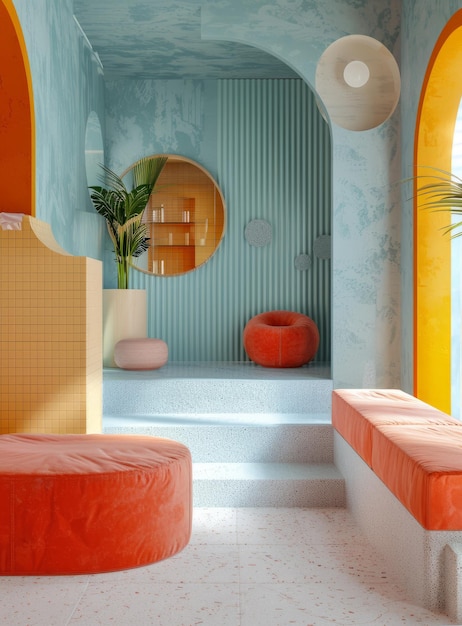 Blue and orange room with pink and orange furniture and plants